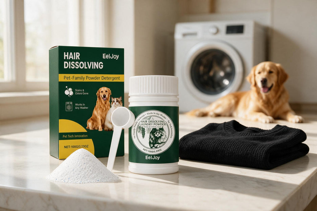 Detergente antipelo Pawzero en un cuarto de lavado con lavadora de carga frontal y perro al fondo