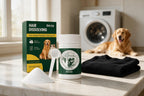 Detergente antipelo Pawzero en un cuarto de lavado con lavadora de carga frontal y perro al fondo