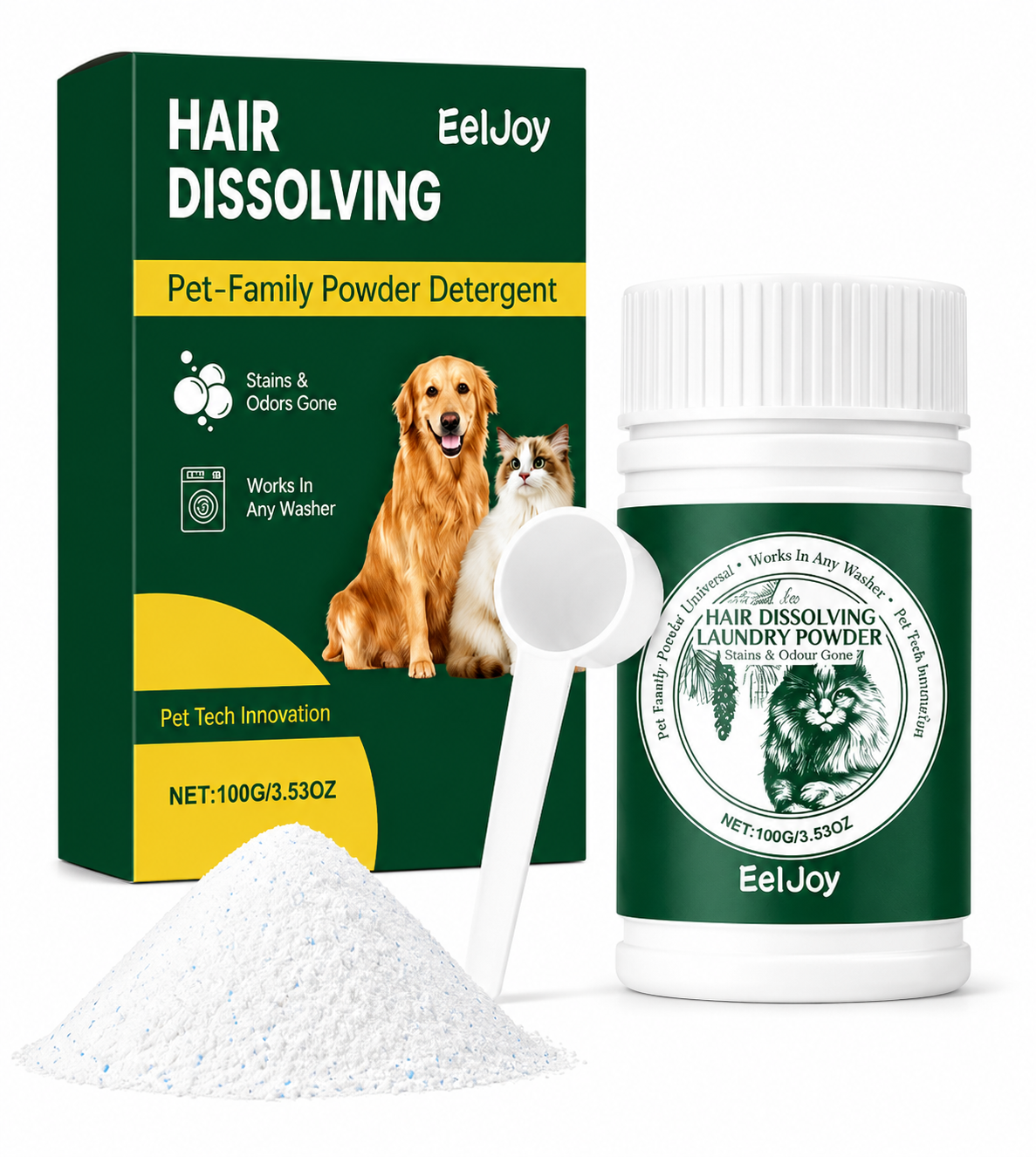 Quitapelos de lavadora Pawzero, bote de detergente en polvo de 100 g para eliminar pelo de mascotas de la ropa